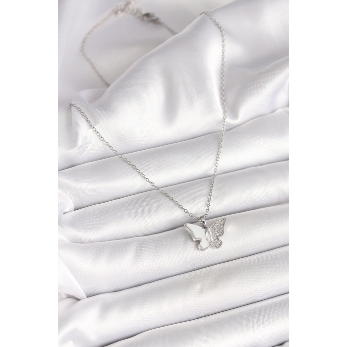 316L Çelik Gümüş Renk Zincir Zirkon Taşlı Beyaz Mineli Kelebek Model Kadın Kolye