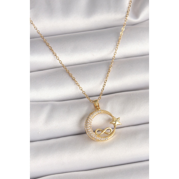 316L Çelik Gold Renk Zincir Zirkon Taşlı Ay Yıldız Model Sonsuzluk Detay Kadın Kolye