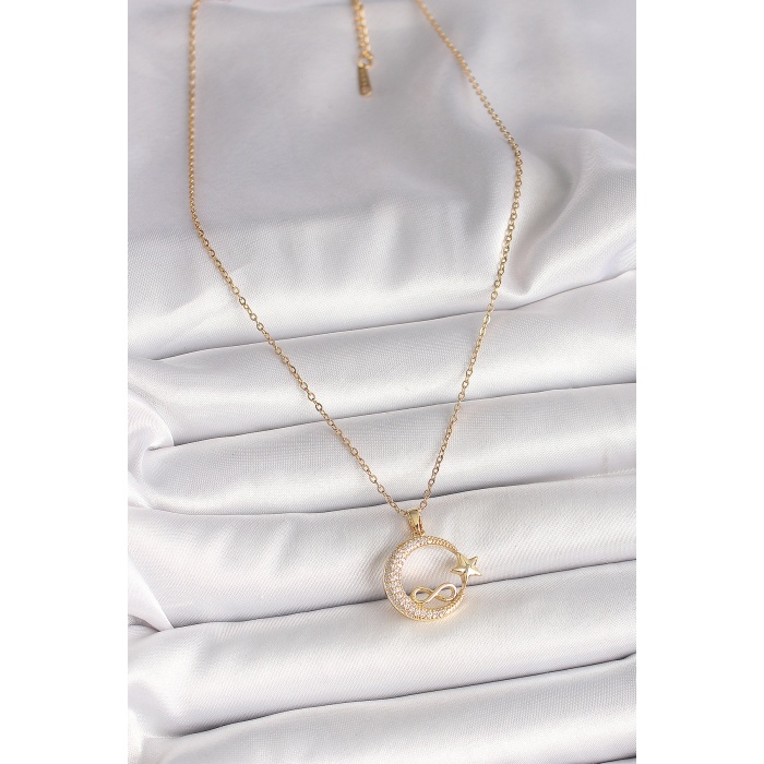 316L Çelik Gold Renk Zincir Zirkon Taşlı Ay Yıldız Model Sonsuzluk Detay Kadın Kolye