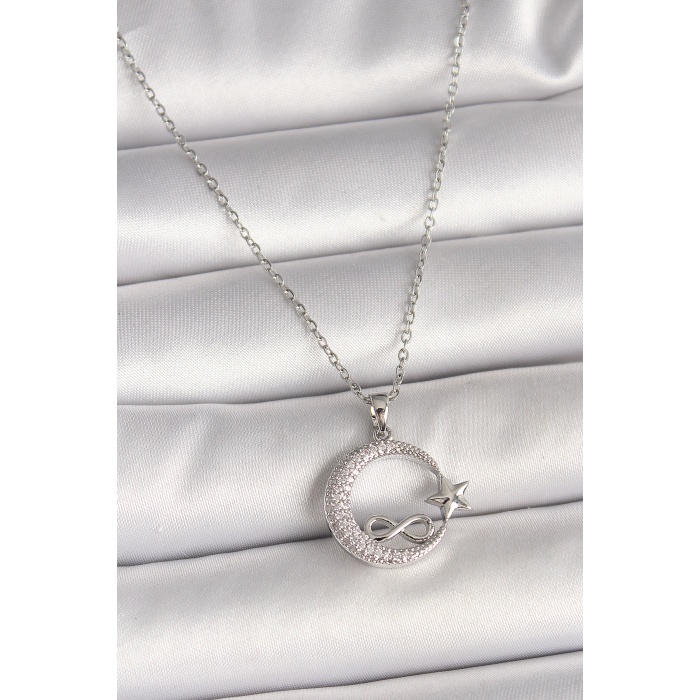316L Çelik Gümüş Renk Zincir Zirkon Taşlı Ay Yıldız Model Sonsuzluk Detay Kadın Kolye