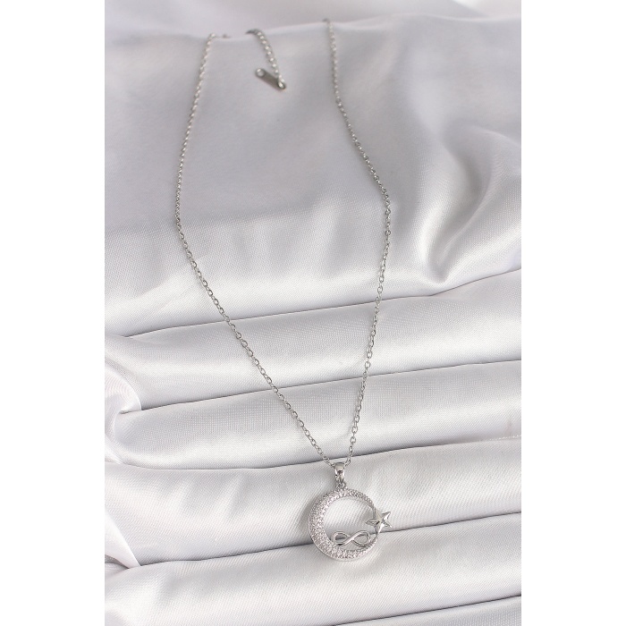 316L Çelik Gümüş Renk Zincir Zirkon Taşlı Ay Yıldız Model Sonsuzluk Detay Kadın Kolye