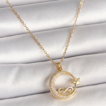 316L Çelik Gold Renk Zincir Zirkon Taşlı Ay Yıldız Model Sonsuzluk Detay Kadın Kolye
