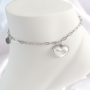 316L Çelik Gümüş Renk Zincir Model 3D Kalp Beyaz Kalp Figür Kadın HalHal