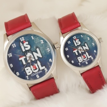 Bordo Renk Deri Kordonlu İstanbul Tasarımlı Sevgili Saatleri