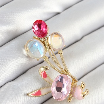 Zirkon Taşlı  Balonlu Pembe Tavşan Figürlü Gold Renk Kadın Broş