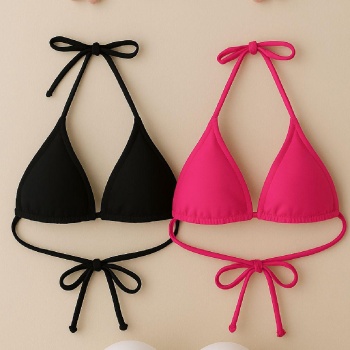 Kadın Siyah ve Fuşya Minimal Kesim Üçgen Bikini Üstü – Modern ve Şık Tasarım