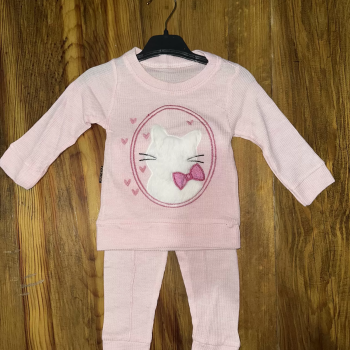 3-12 aylık kedi desen işlemeli takım pembe