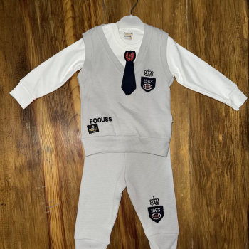 6-24 aylık kravatlı üçlü takım gri