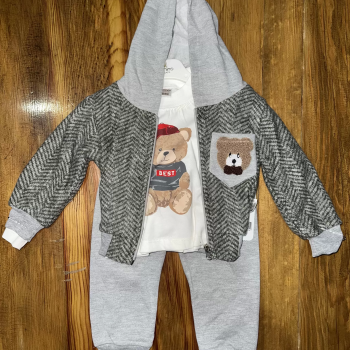 6-24 aylık ceketli kapşonlu üçlü takım gribeyaz