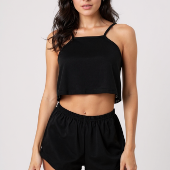 Kadın Siyah Arkası Komple Dantel Şortlu Gecelik Takım