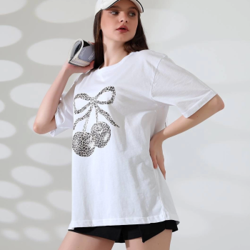 Leopar desenli kiraz baskılı tişört