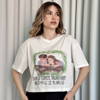 Oversize Beyaz baskılı crop tişört