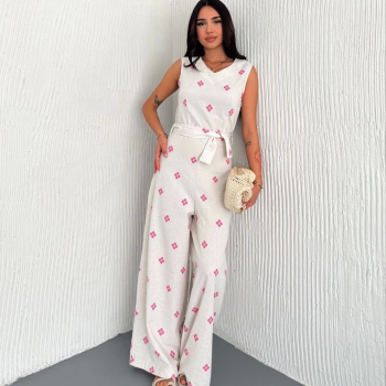 Sırt dekolteli keten beyaz tulum S1036