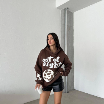3 iplik şardonlu oversize out of baskılı sweat kahve