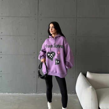 3 iplik şardonlu oversize true baskılı sweat mor
