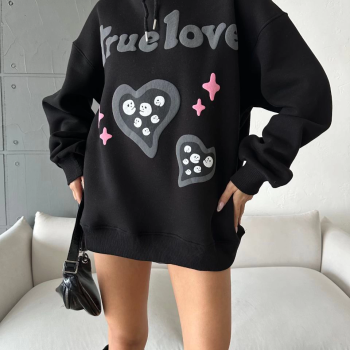 3 iplik şardonlu oversize true baskılı sweat siyah