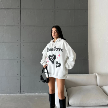 3 iplik şardonlu oversize true baskılı sweat Beyaz