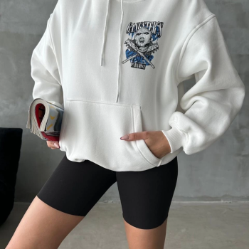 3 iplik şardonlu oversize kafa baskılı sweat beyaz