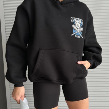 3 iplik şardonlu oversize kafa baskılı sweat siyah