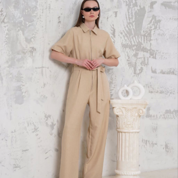 Kuşaklı gömlek yaka salaş tulum bej s255822