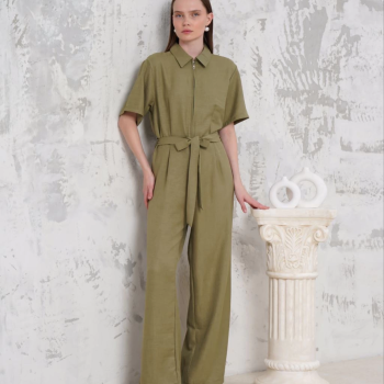 Kuşaklı gömlek yaka salaş tulum haki s255822