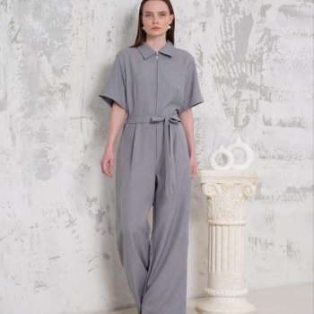 Kuşaklı gömlek yaka salaş tulum gri s255822