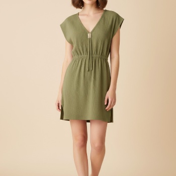 Kadın Haki Yanları Yırtmaçlı Tokalı V Yaka Mini Plaj Elbisesi