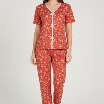 Kadın Turuncu Kalp Desenli Fiyonklu Kısa Kollu Uzun Pijama Takımı