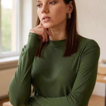 Kadın Haki Yeşili Parmak Detaylı Esnek Uzun Kollu Body