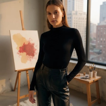 Kadın Siyah Parmak Detaylı Esnek Uzun Kollu Body