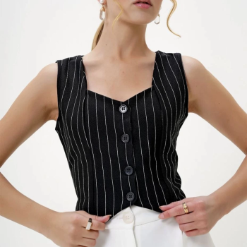 Çizgili krep düğmeli yelek siyah s3395