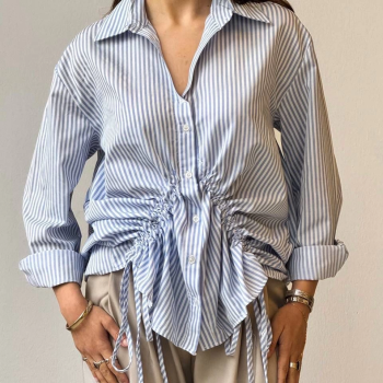 Önü büzgü detaylı çizgili gömlek