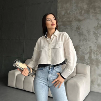 Çift renkli kısa gömlek krem s4021