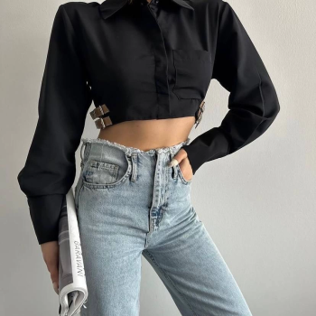 Yanı kemer detaylı crop gömlek siyah s4009