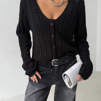 Küçük düğmeli küçük örgülü triko hırka siyah