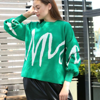 Beyaz çizgili bisiklet yaka kazak yeşil