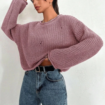 Salaş delik detaylı kazak pembe