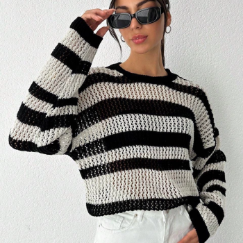 Çizgili bisiklet yaka triko kazak beyazsiyah