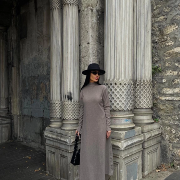 Boğazlı kalın bürümcük uzun elbise vizon