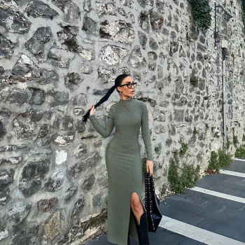 Yırtmaçlı kalın bürümcük uzun elbise Yeşil