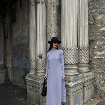 Boğazlı kalın bürümcük uzun elbise gri