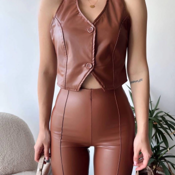 İki düğmeli deri yelek kahve s243001