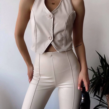 İki düğmeli deri yelek krem s243001