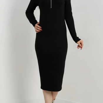 Fermuar detaylı fitilli şardonlu elbise siyah a3178