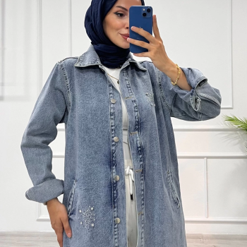 Taşlı tunik ceket kar yıkama orta mavi d2516