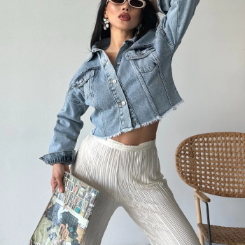 Çift kapaklı püsküllü crop buz mavi d2002