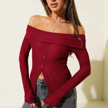 Madonna Yaka Düğmeli Bluz bordo t4329