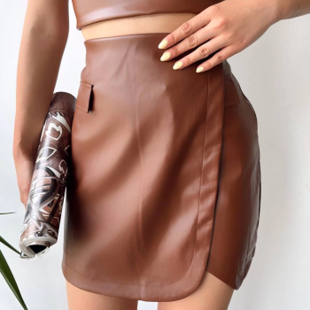 Cep detaylı oval kapaklı deri etek kahve h240048