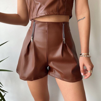 Çift fermuarlı deri şort kahve h24394