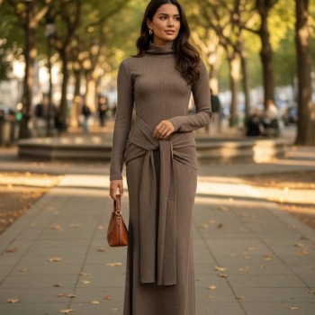 Kendinden kemerli uzun elbise vizon